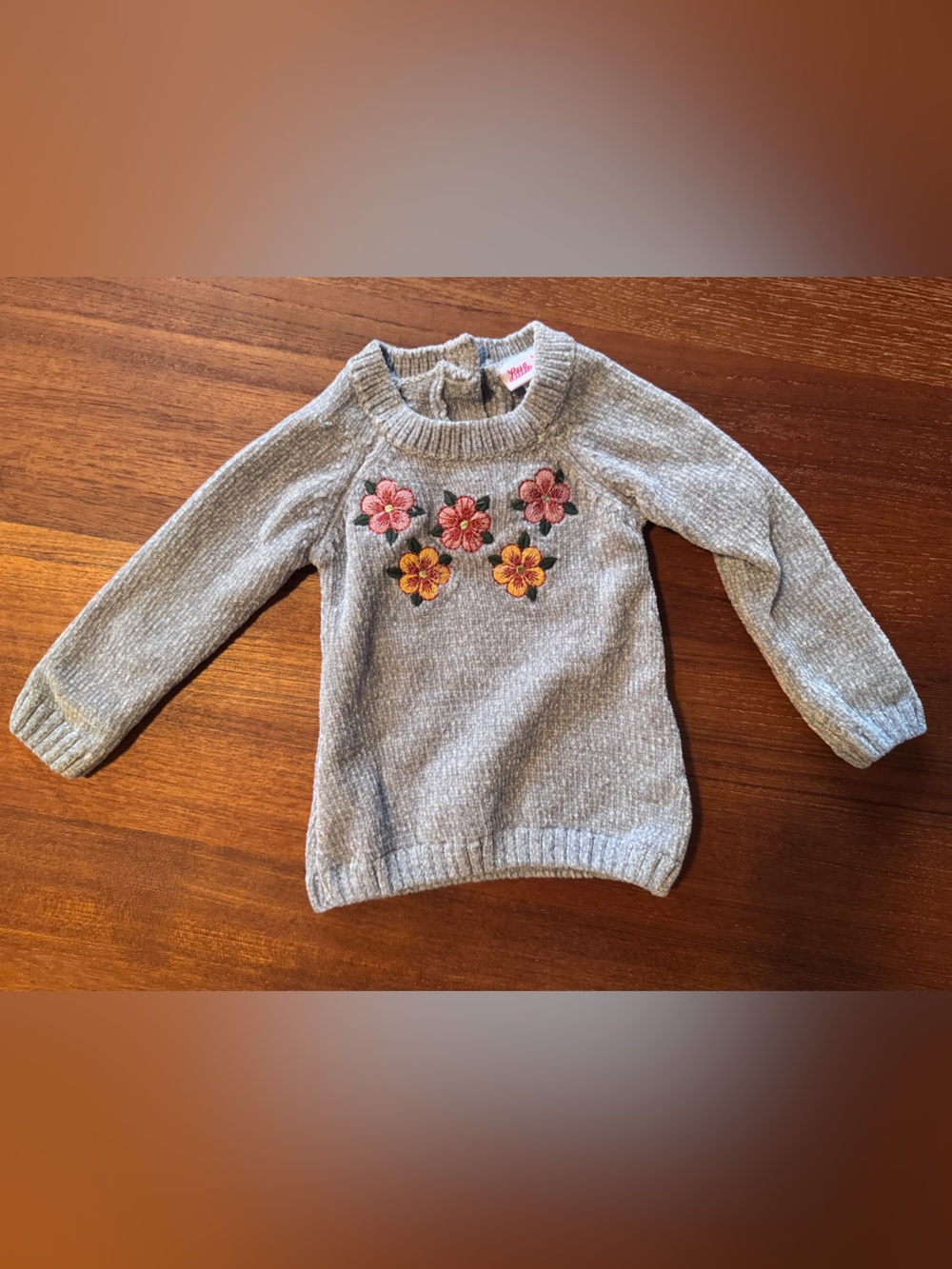 Little Lass Gray Knit Top with Floral Emboridery